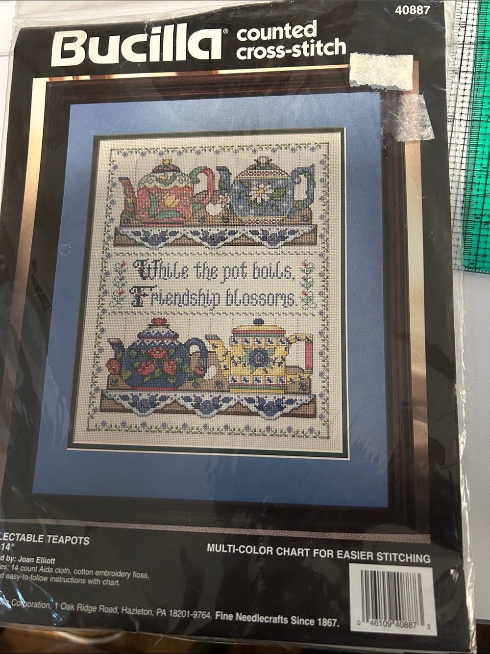 Bucilla Teapot Sampler Cross-Stitch Kit - Blue, Yellow, Pink, Green